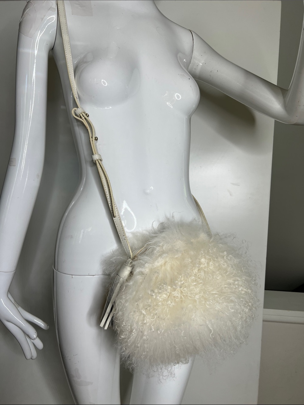UGG Mongolian Curly Lamb Cream Pom Round Zipper Crossbody Bag Leather Strap